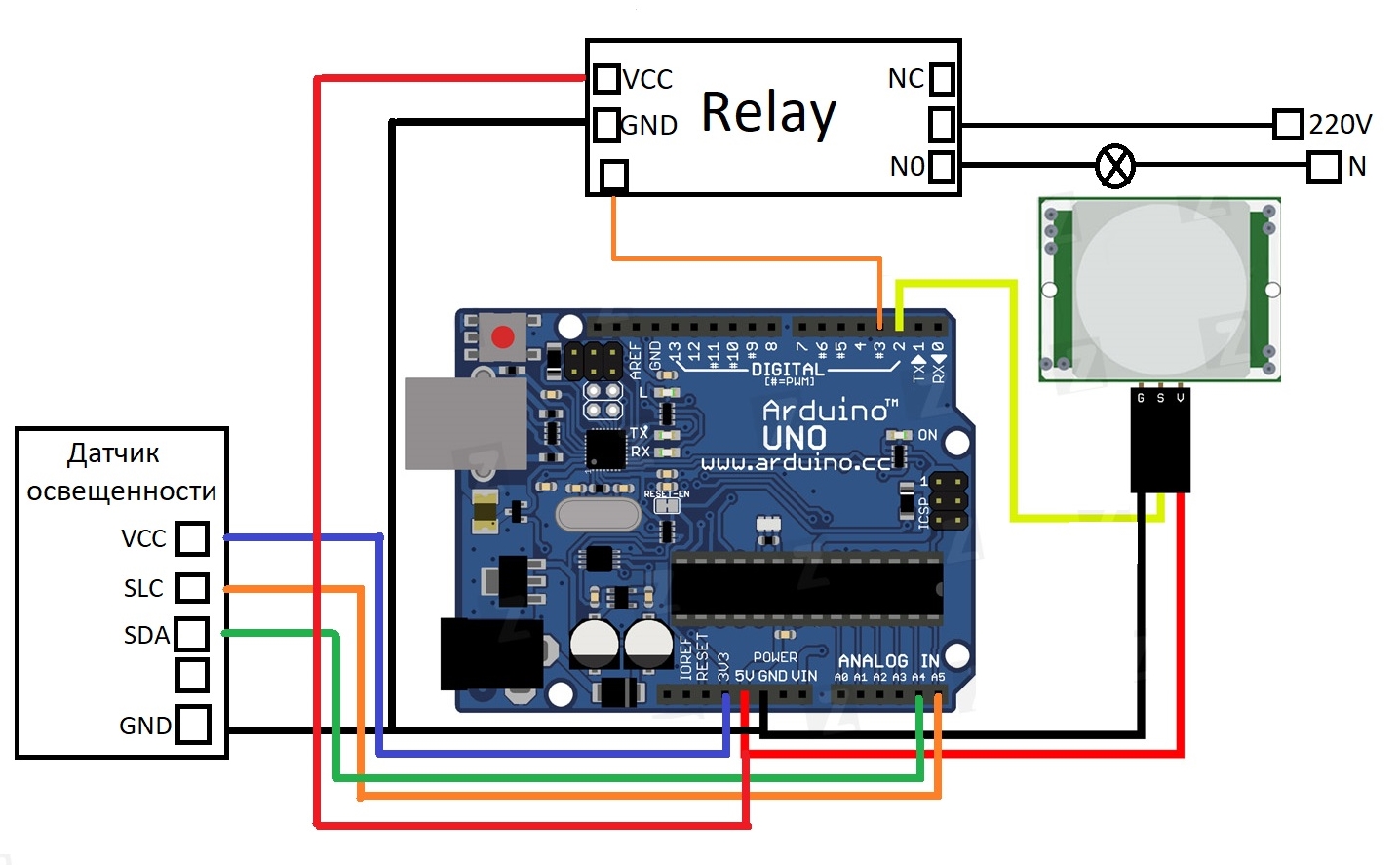 Датчик движения и датчик освещенности на плате Arduino UNO